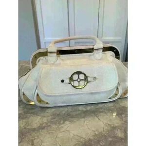 IMAN Women’s White Gold Croc Faux Leather Handbag Satchel Large Size Purse Zip